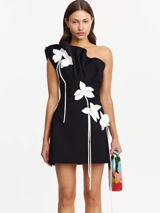 Acler Dresses & Skirts - Acler NWOT Black One-Shoulder Mini Dress with White Floral Appliqués
